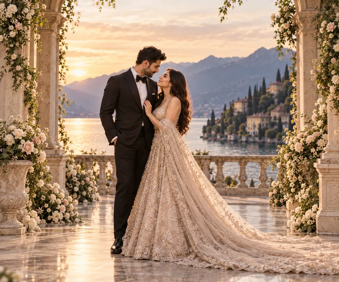 The couple under a flowered archway at sunset
