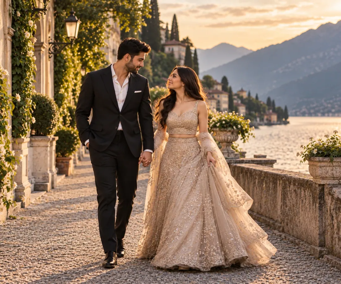 The couple walking a cobbled path